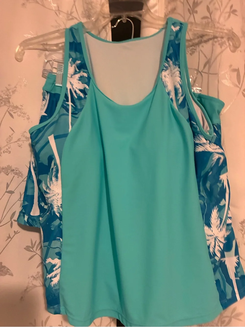 SHEIN Teal & Aqua Palm-Print Women’s Swim Tank Top and skirt